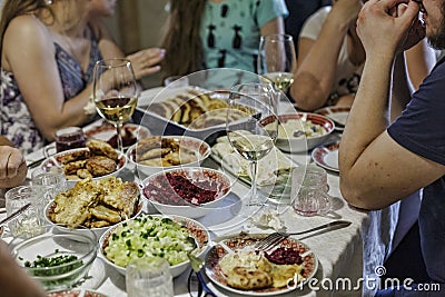 Dinner, family, table, feast, food, gathering, group, meal, party, people, celebration, Birthday, Thanksgiving, Christmas, New Yea Stock Photo
