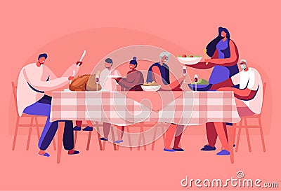 Big Family Thanksgiving Celebration Dinner Around Table with Food. Happy People Eating Meal and Talking Together Vector Illustration