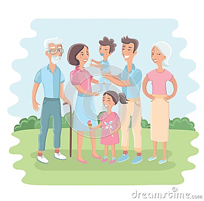 Big family together in the park. Vector illustration with flat style design Vector Illustration