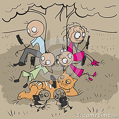 Big family under tree. Everyone looks at phone Vector Illustration