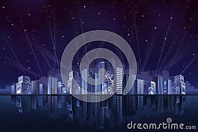 Big fantastic city at night Vector Illustration