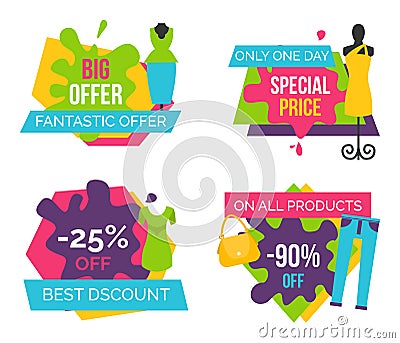 Big Fantastic Offer Now Bright Promotional Emblems Vector Illustration