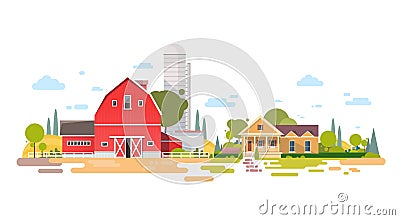 Big Farm With House, Farmland Countryside Landscape Vector Illustration