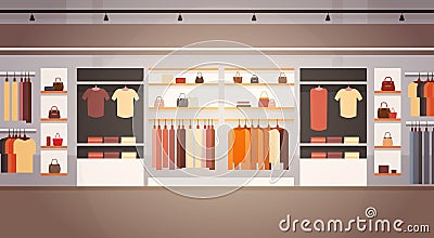 Big Fashion Shop Super Market Female Clothes Shopping Mall Interior Banner With Copy Space Vector Illustration