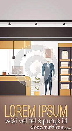 Big Fashion Shop Super Market Male Clothes Shopping Mall Interior Banner With Copy Space Vector Illustration