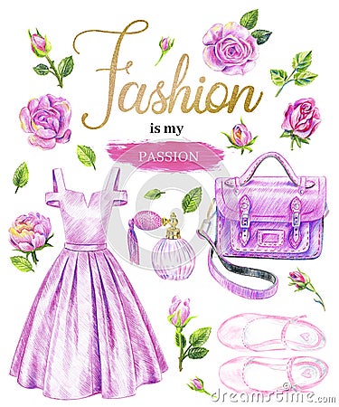 Big fashionable set in pink colors. Evening prom dress, perfume, shoes, satchel bag Stock Photo