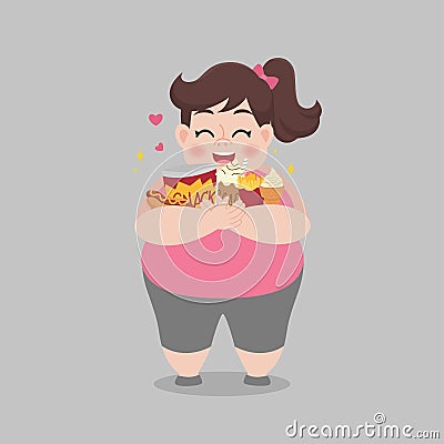 Big Fat Happy woman enjoy eat junk food Healthcare concept Vector Illustration