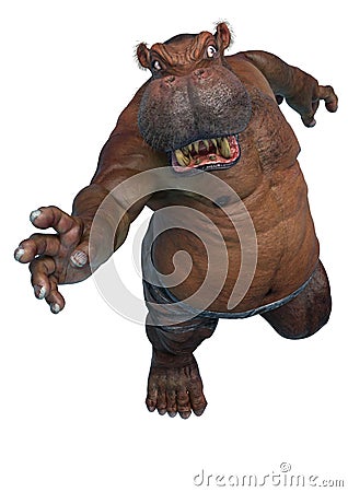 Big and fat hippopotamus mutant on frontal jump in a white background Cartoon Illustration