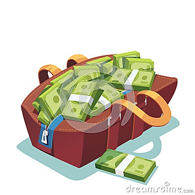 Big fat opened leather bag full of cash money Vector Illustration