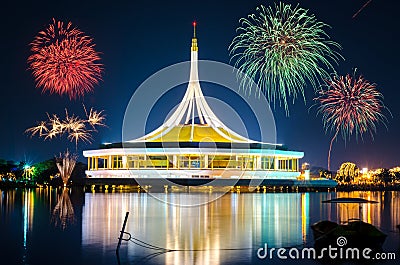 Big fireworks over the Monument at public park Suanluang Rama 9, Thailand Stock Photo