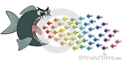 Big Fish Eating Many Small Colorful Fish Comic Vector Illustration