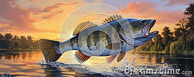 Big fish jump over water level lake at sunset light Stock Photo