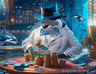 The Big Fish Orca gambling with gold coins in front of an intrigued audience Cartoon Illustration