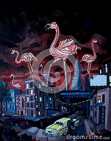 the big flamingos in the city. Art illustration Cartoon Illustration