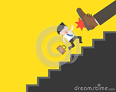 Big foot kicking Cute businessman fall from stairs, business sit Vector Illustration