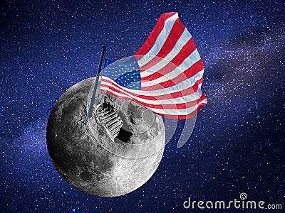 Big footprint or step and usa flag on Moon surface in the universe. Image kindly provided by NASA Stock Photo