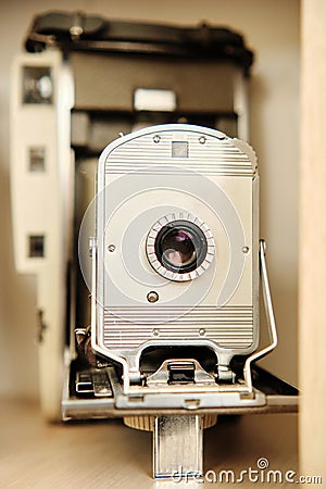 A medium format camera released in the late 1950s. The front of the camera has controls for exposure, aperture, and shutter Stock Photo
