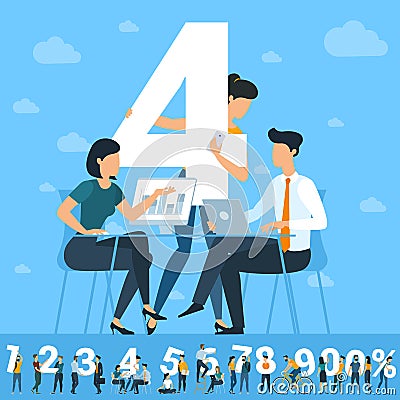 Big Four number. White numbers illustration with young people. Vector Illustration