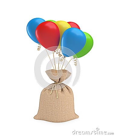 A big full sack tied with a piece of rope and attached to a bundle of colorful balloons. Stock Photo