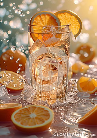 Big glass of cold tonic Orange Fizz cocktail decorated with fresh orange slices - Ideal Beach Beverage for Cooling Off. Capturing Stock Photo