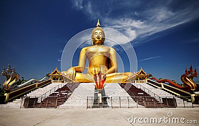 Big golden Buddha at Wat Muang of Ang Thong province Stock Photo