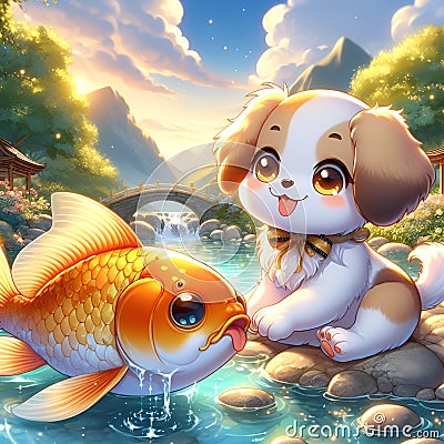 A big golden fish and a cute baby dog in a river, with small rocks and tree arounds, a wood bridge, cartoon, anime art, animal art Stock Photo