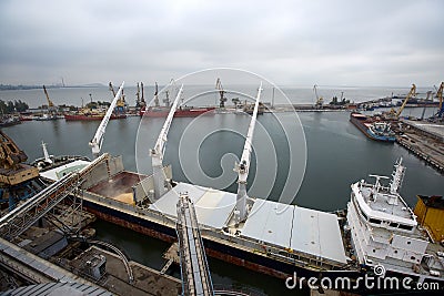 Big grain terminal at seaport. Cereals bulk transshipment from road transport to vessel. Loading grain crops on bulk Stock Photo