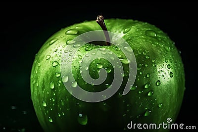 big green apple big shot on a dark background Generative AI. Stock Photo