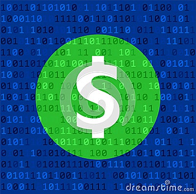 Big green dollar sign on blue binary code background Vector Illustration