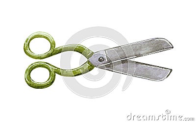 Big green garden scissors, hand drawn watercolor Cartoon Illustration