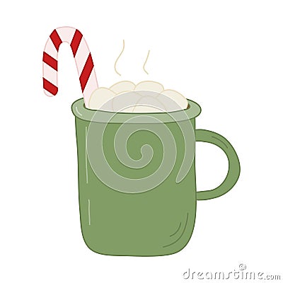 Big green retro cup with hot chocolate, marshmallow and candy cane, doodle style flat vector Vector Illustration