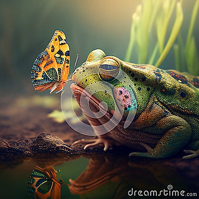 Big green toad frog and a beautiful butterfly on her nose, funny illustration with animals, frog eats Cartoon Illustration