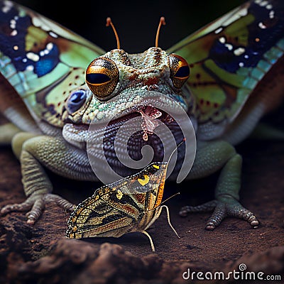 Big green toad frog and a beautiful butterfly on her nose, funny illustration with animals, frog eats a butterfly Cartoon Illustration