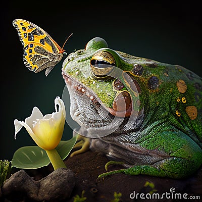 Big green toad frog and a beautiful butterfly on her nose, funny illustration with animals Cartoon Illustration