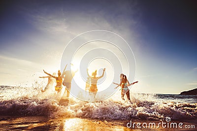 Big group friends sun beach travel Stock Photo