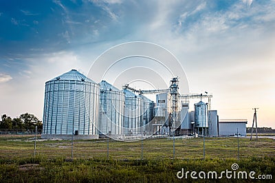 Big group of grain dryers complex for drying wheat. Modern grain Stock Photo