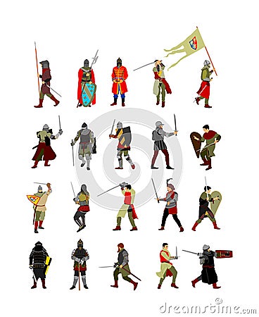 Big group of knights in armor, with sword, helmet and shield illustration isolated on white background. Medieval fighter. Cartoon Illustration