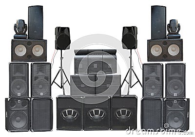 Big group of old industrial powerful stage sound speakers isolated over white Stock Photo