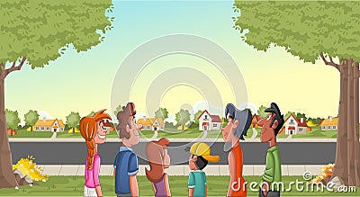Big group of people looking at suburb neighborhood. Green park landscape with grass, trees, and houses. Vector Illustration