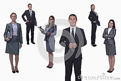 Medium group of smiling business people, portrait, full length, studio shot Stock Photo