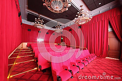 Big hall with red curtains in cinema Editorial Stock Photo