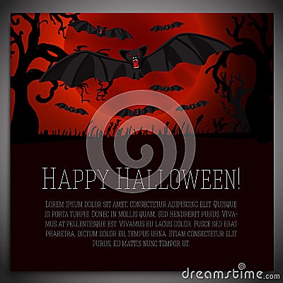 Big halloween banner with black scary bats on the Vector Illustration