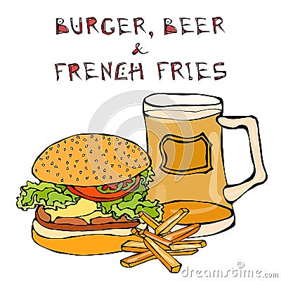 Big Hamburger or Cheeseburger, Beer Mug or Pint, Fried Potato or French Fries. Burger Lettering. Isolated On a White Vector Illustration