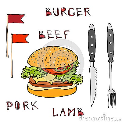 Big Hamburger or Cheeseburger. Burger Beef Lettering, Flag, Knife and Fork. Isolated On a White Background. Realistic Vector Illustration