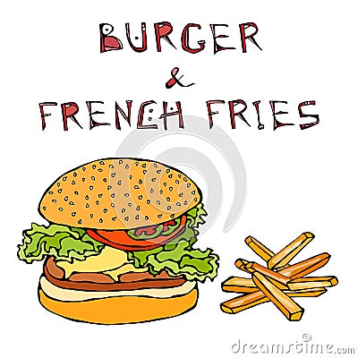 Big Hamburger or Cheeseburger with Fried Potato or French Fries. Burger Lettering. Isolated On a White Background Vector Illustration