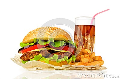 Big hamburger, French fries and cola Stock Photo