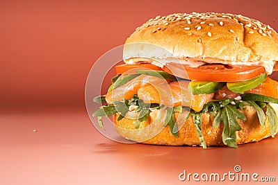Big hamburger on red background6 Stock Photo