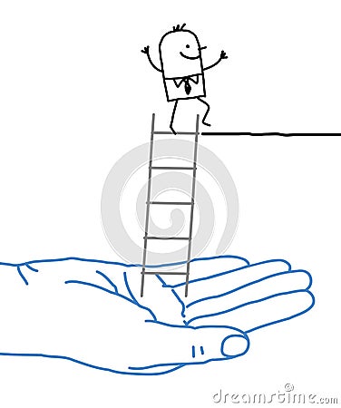 Big hand and cartoon businessman - help and ladder Vector Illustration