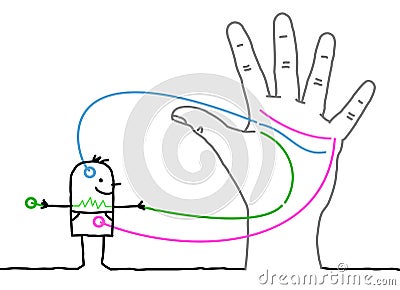 Big Hand with Cartoon Character - Heart, Head and Life Lines Vector Illustration