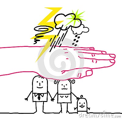 Big hand and cartoon characters - disaster Vector Illustration